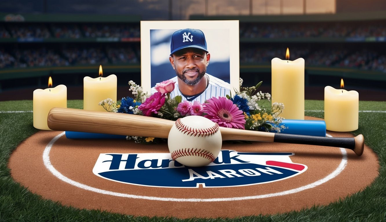 A baseball bat resting on home plate, surrounded by flowers and candles, with a photo of Hank Aaron in the background