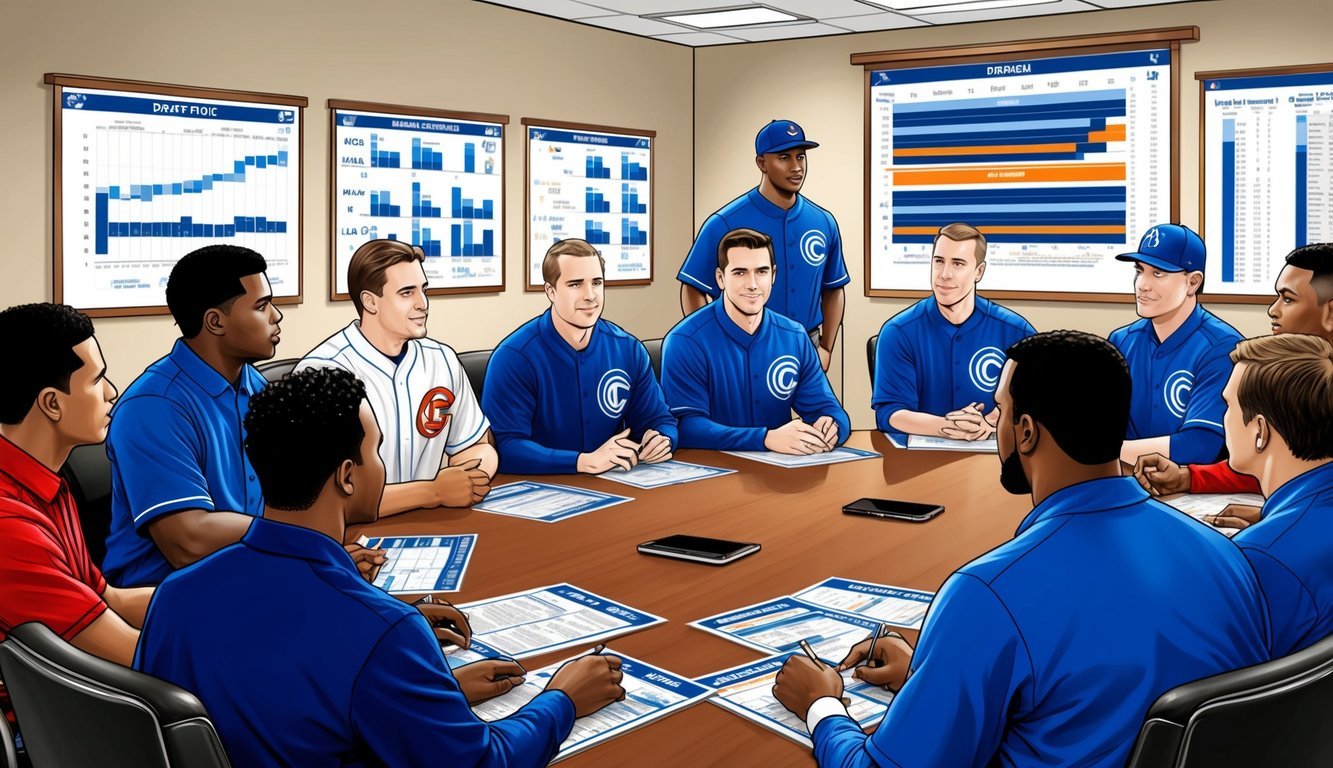 A group of baseball team representatives discussing draft strategies in a conference room, surrounded by charts and player statistics