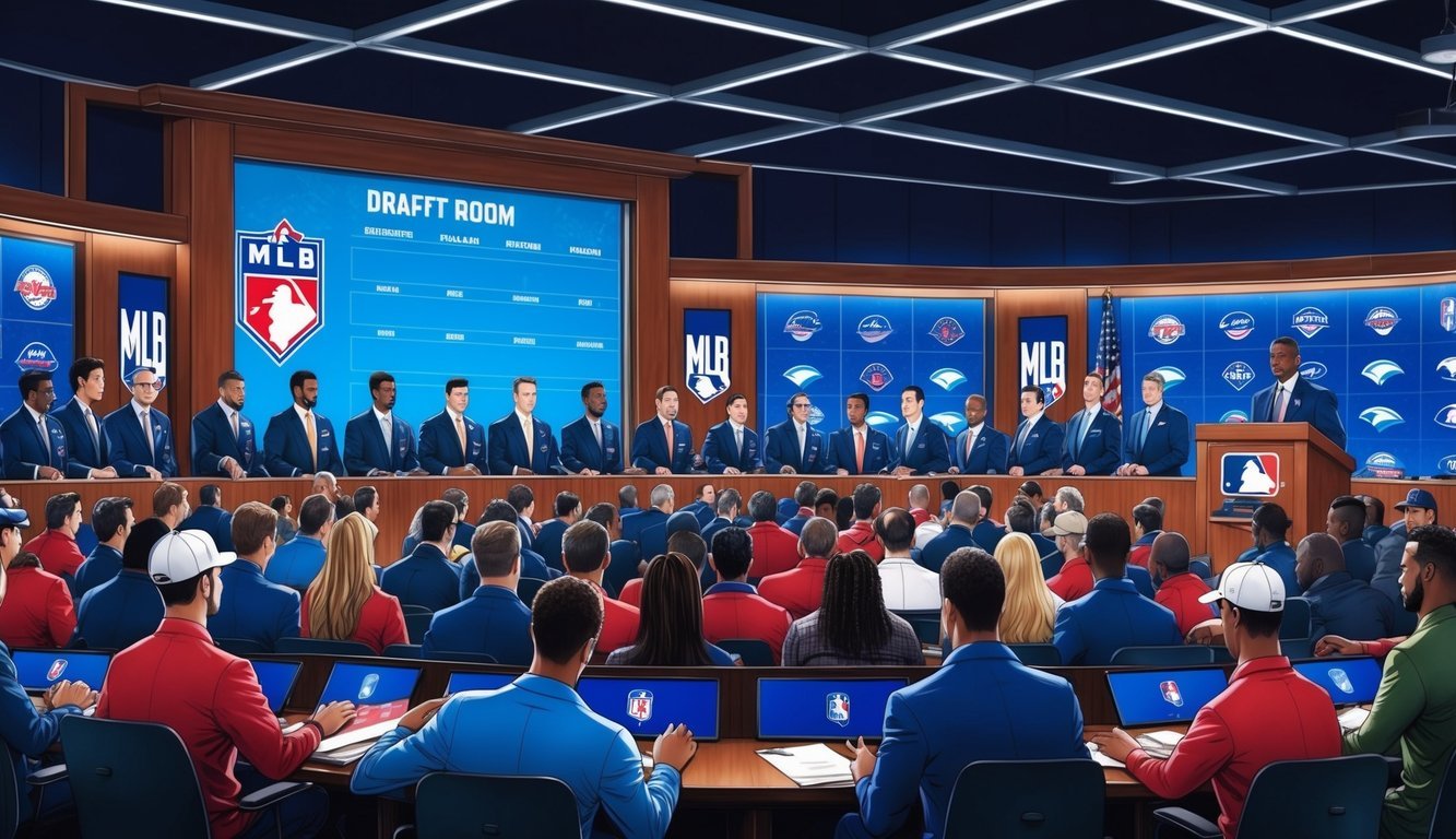 A crowded MLB draft room with team representatives, a draft board, and a podium