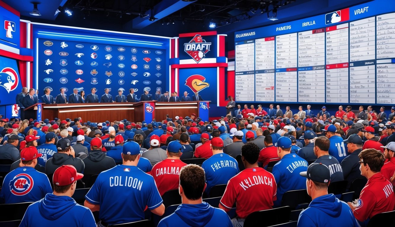 A crowded MLB draft room with team logos, a podium, and players' names on a big board