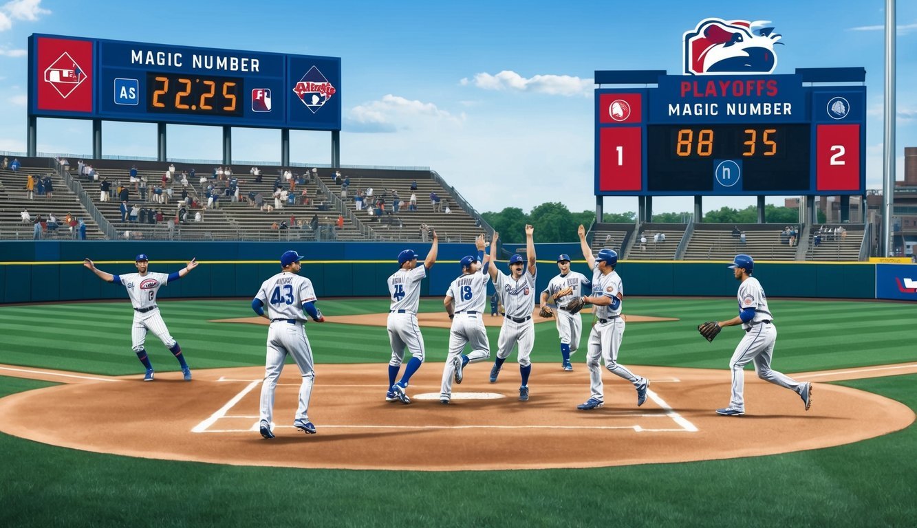 A baseball field with a scoreboard displaying the team's magic number.</p><p>Players celebrate as they approach clinching a playoff spot