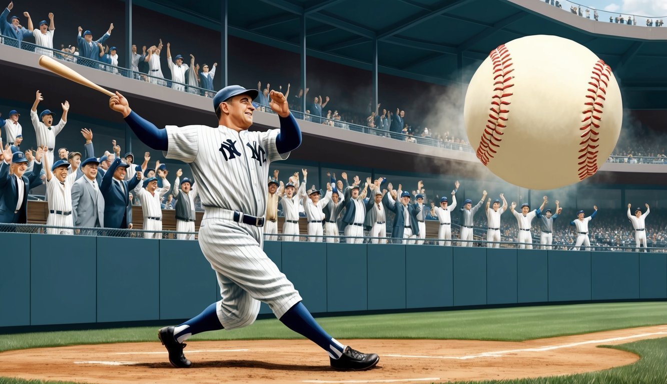 Baseball player swings bat at a giant ball in front of cheering crowd