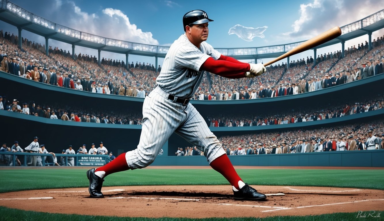 A young Babe Ruth swinging a baseball bat in a crowded stadium