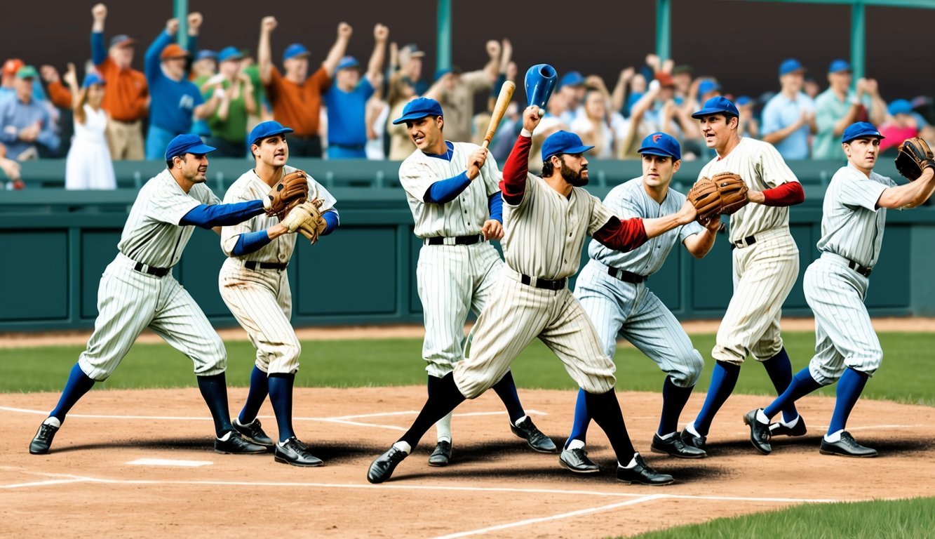 A group of baseball players from the dead ball era in action, with spectators cheering in the background