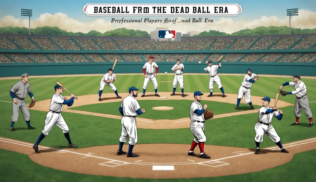 Notable players from the dead ball era demonstrating various strategies and play styles on a vintage baseball field