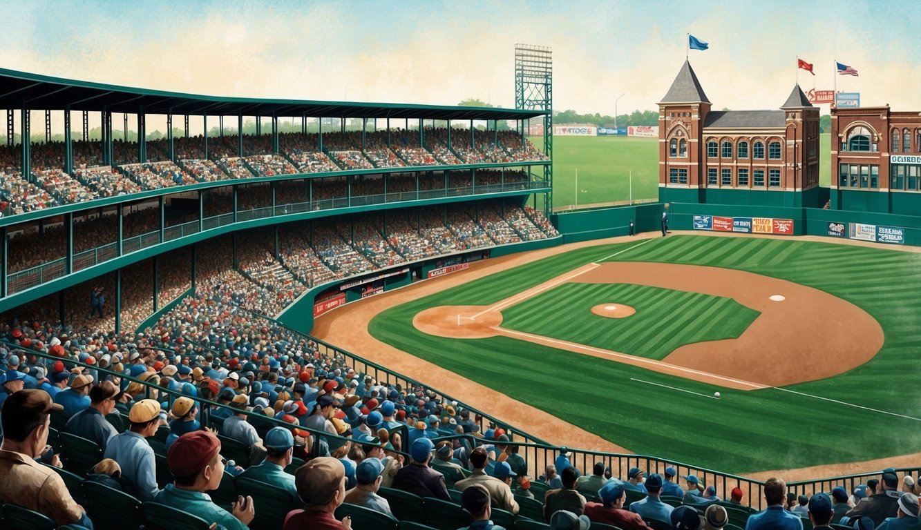 A crowded grandstand overlooks a grassy field with a classic baseball diamond, surrounded by old-fashioned architecture and vintage signage