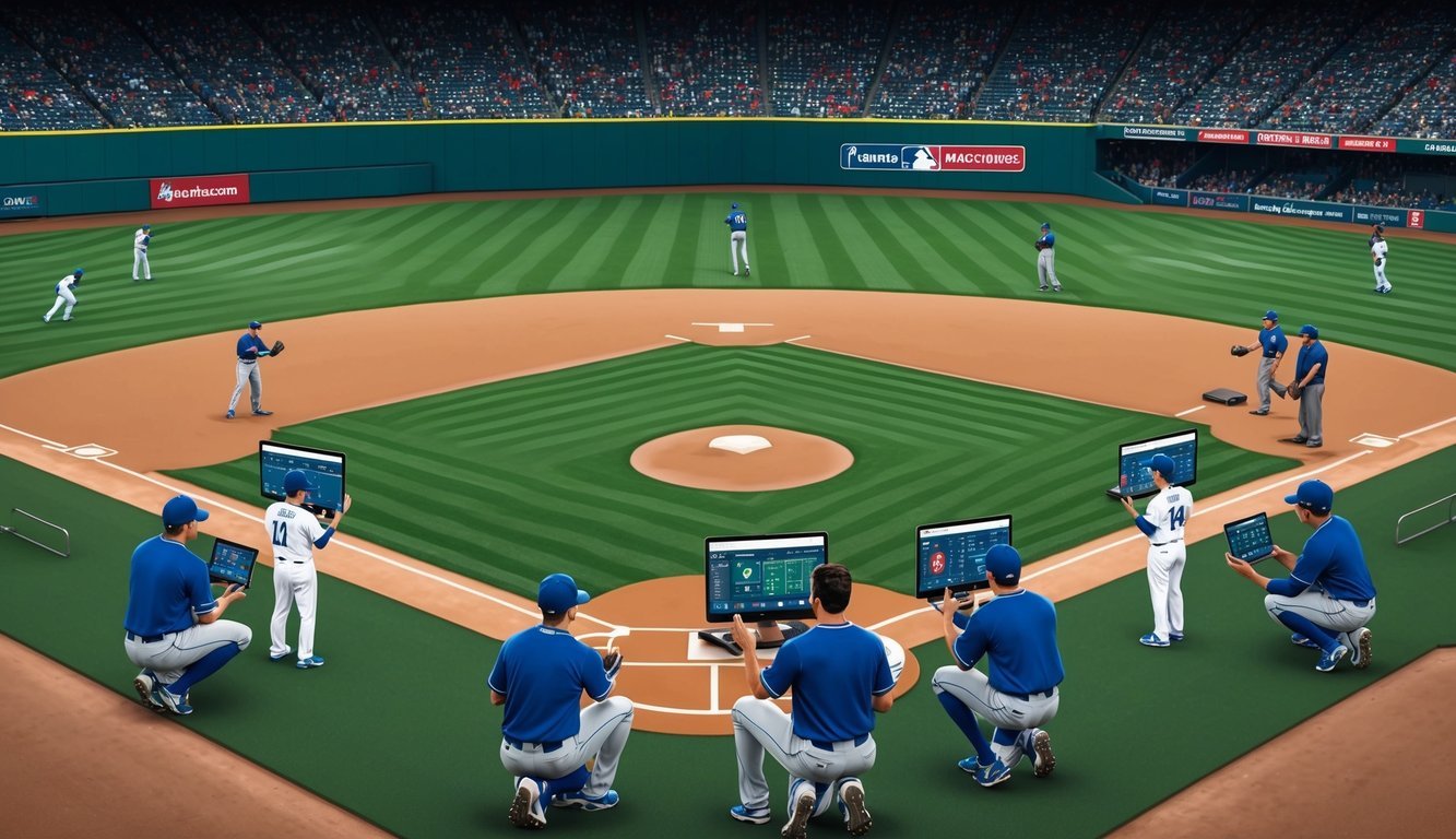 A baseball field with players and coaches using advanced technology to analyze game strategies