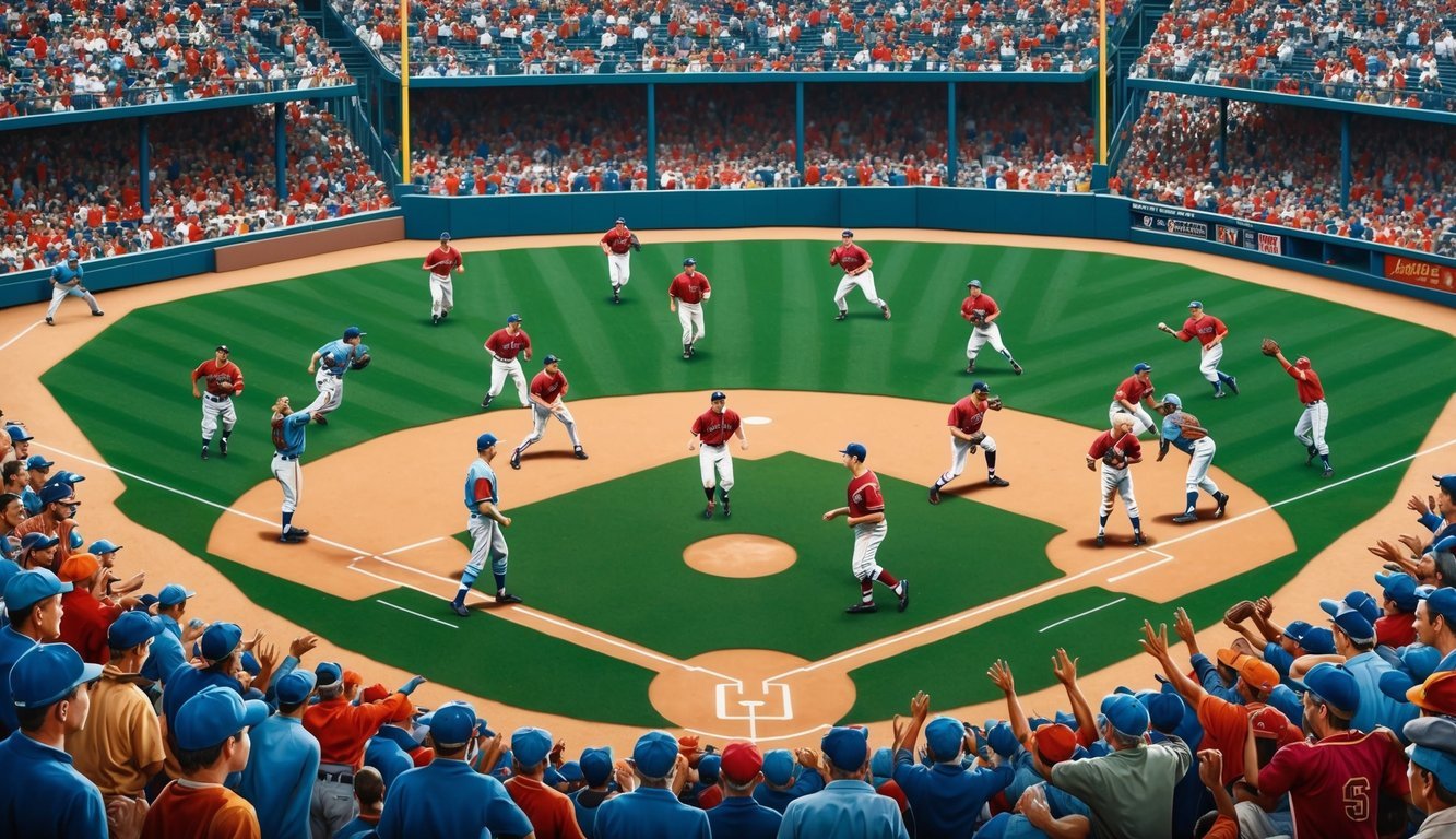 A crowded baseball field with players in vintage uniforms, surrounded by spectators and the sound of cheering