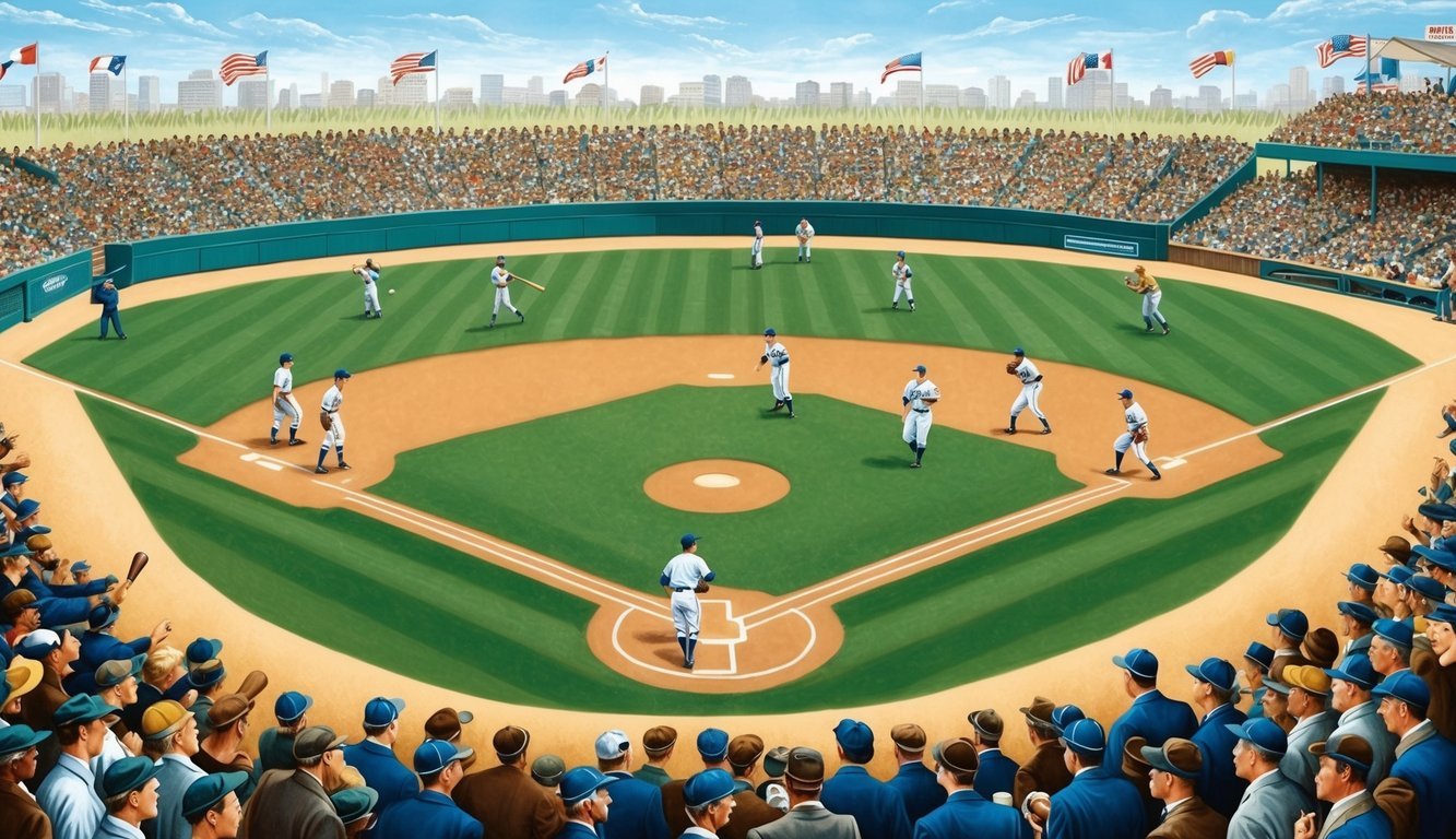 A baseball field with vintage players in old-fashioned uniforms, surrounded by a crowd of spectators