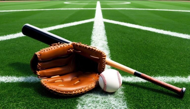 Baseball glove, bat, and ball on a green field with white lines