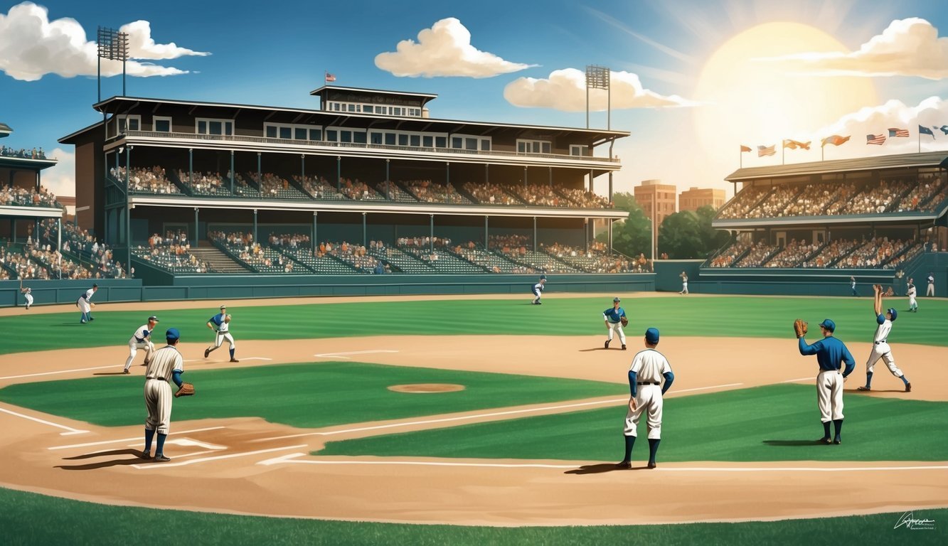 Baseball game in progress, stadium with fans, sunny day