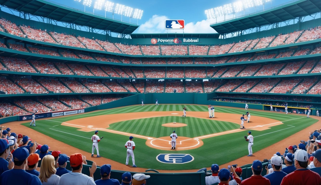 A baseball stadium filled with fans singing along to classic baseball songs, while players warm up on the field