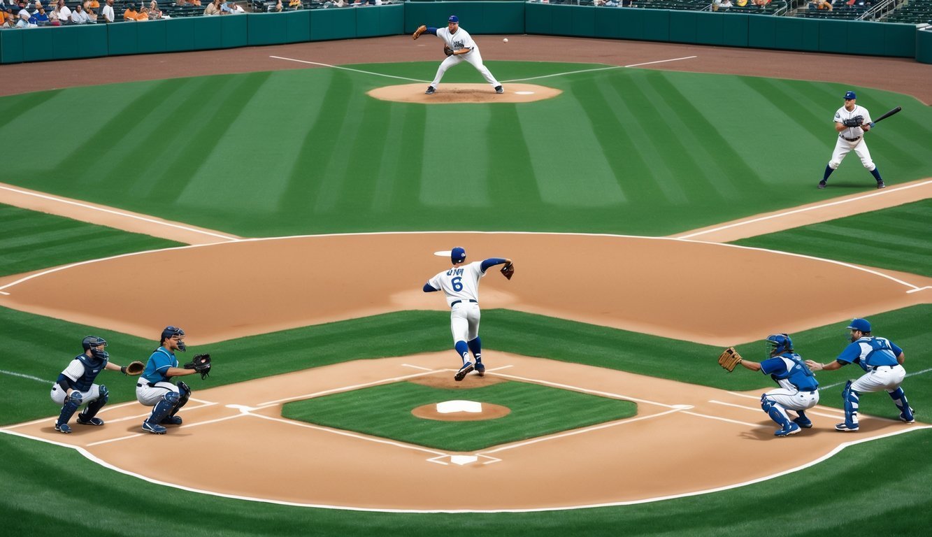Baseball game in progress, pitcher throwing ball, field players in position