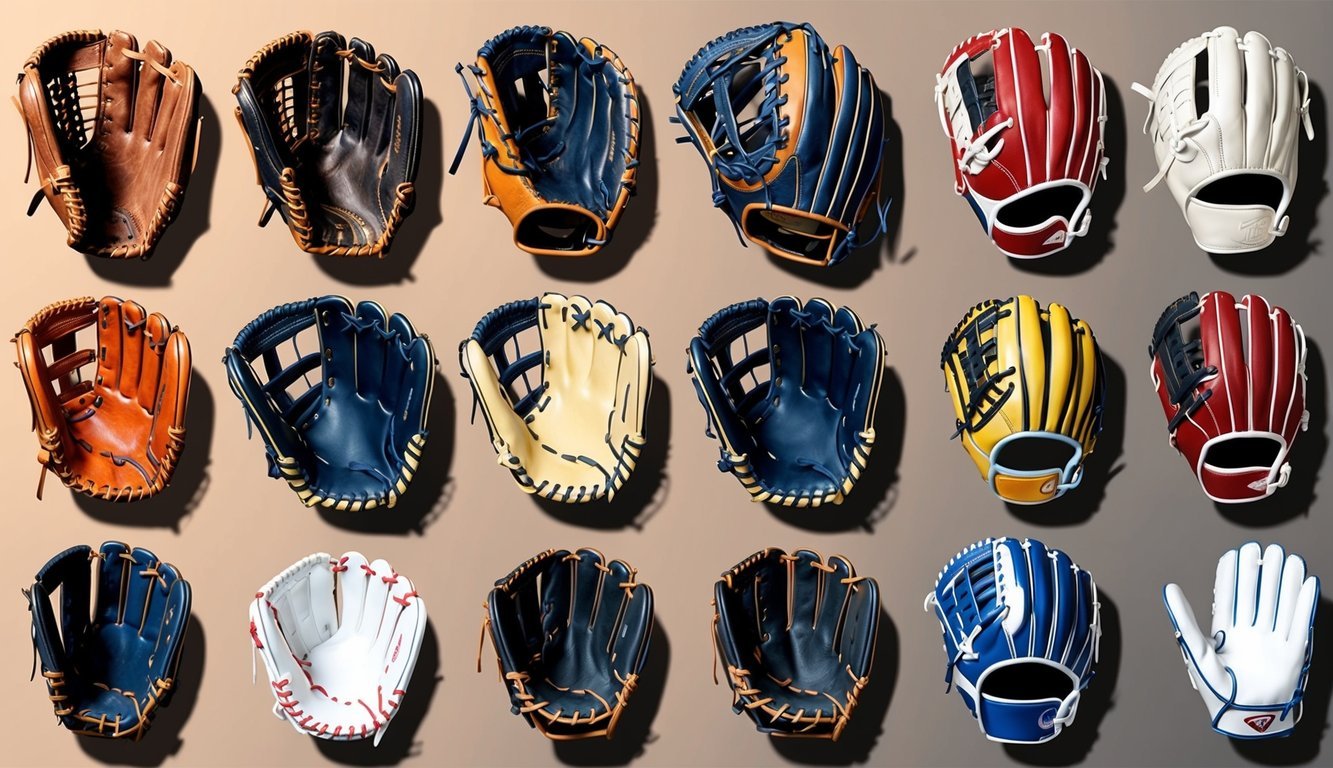 A display of baseball gloves and mitts through history, from early leather designs to modern high-tech materials