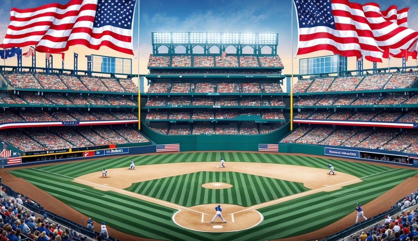 A baseball field with a packed stadium, American flags waving, and players in action, capturing the cultural impact of baseball on the American identity