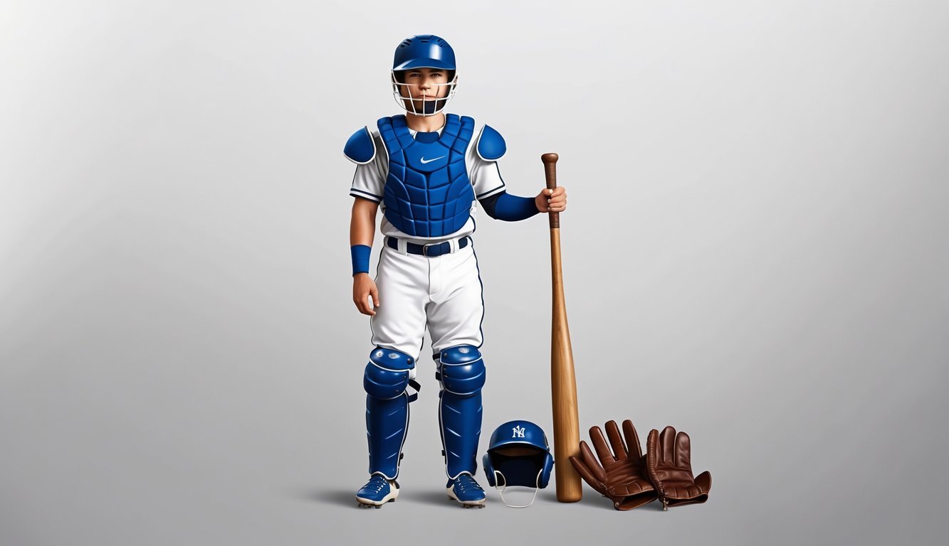 A modern baseball player wearing a helmet, chest protector, and shin guards, standing next to vintage leather gloves and a wooden bat