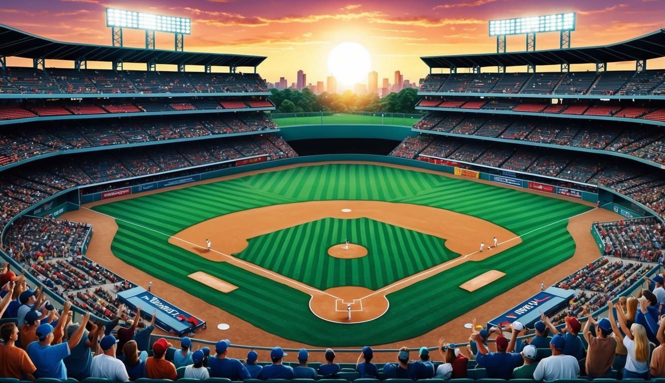 A baseball stadium at sunset, with the field empty and the stands filled with cheering fans, capturing the cultural impact of the sport