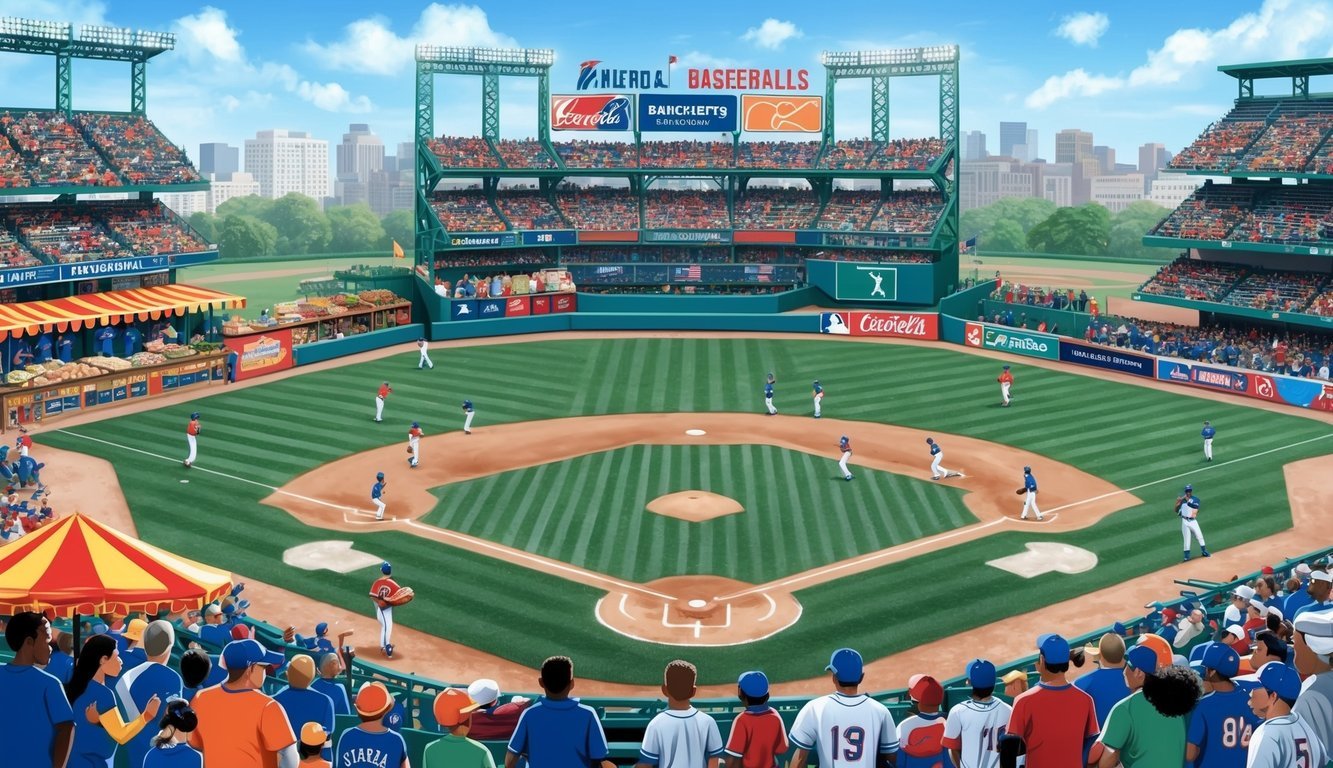 A baseball stadium filled with diverse fans, vendors selling traditional foods, and players from different backgrounds coming together on the field