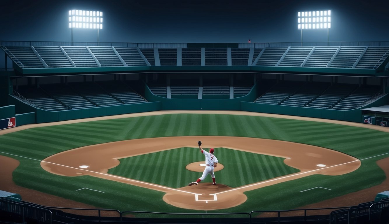Baseball pitcher throwing a ball in a stadium at night, under bright lights