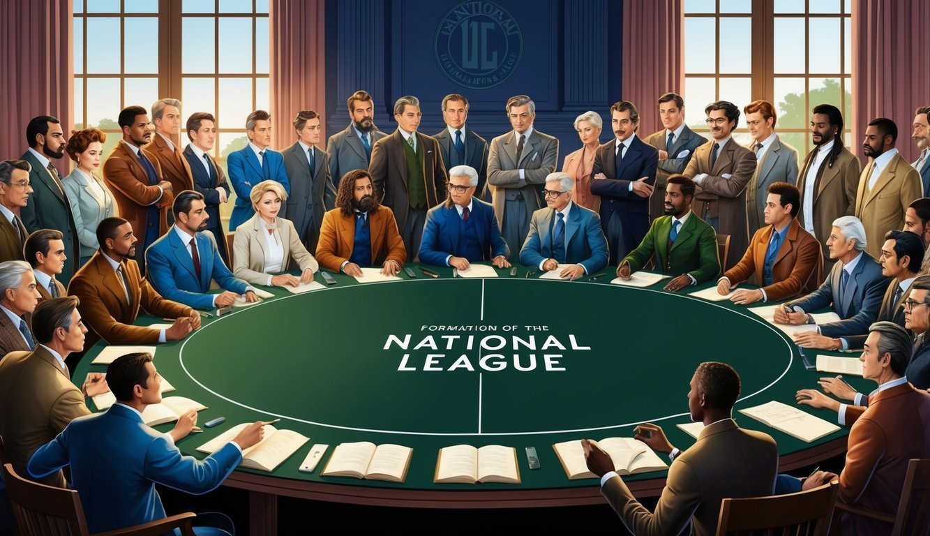 Illustration of diverse people around a table, "Formation of the National League."