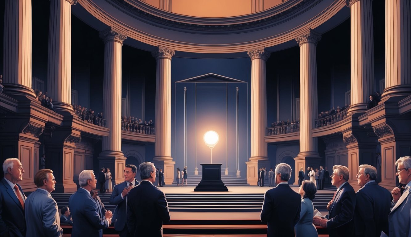 A grand hall with towering pillars and a spotlight on an empty pedestal, surrounded by whispers and heated discussions