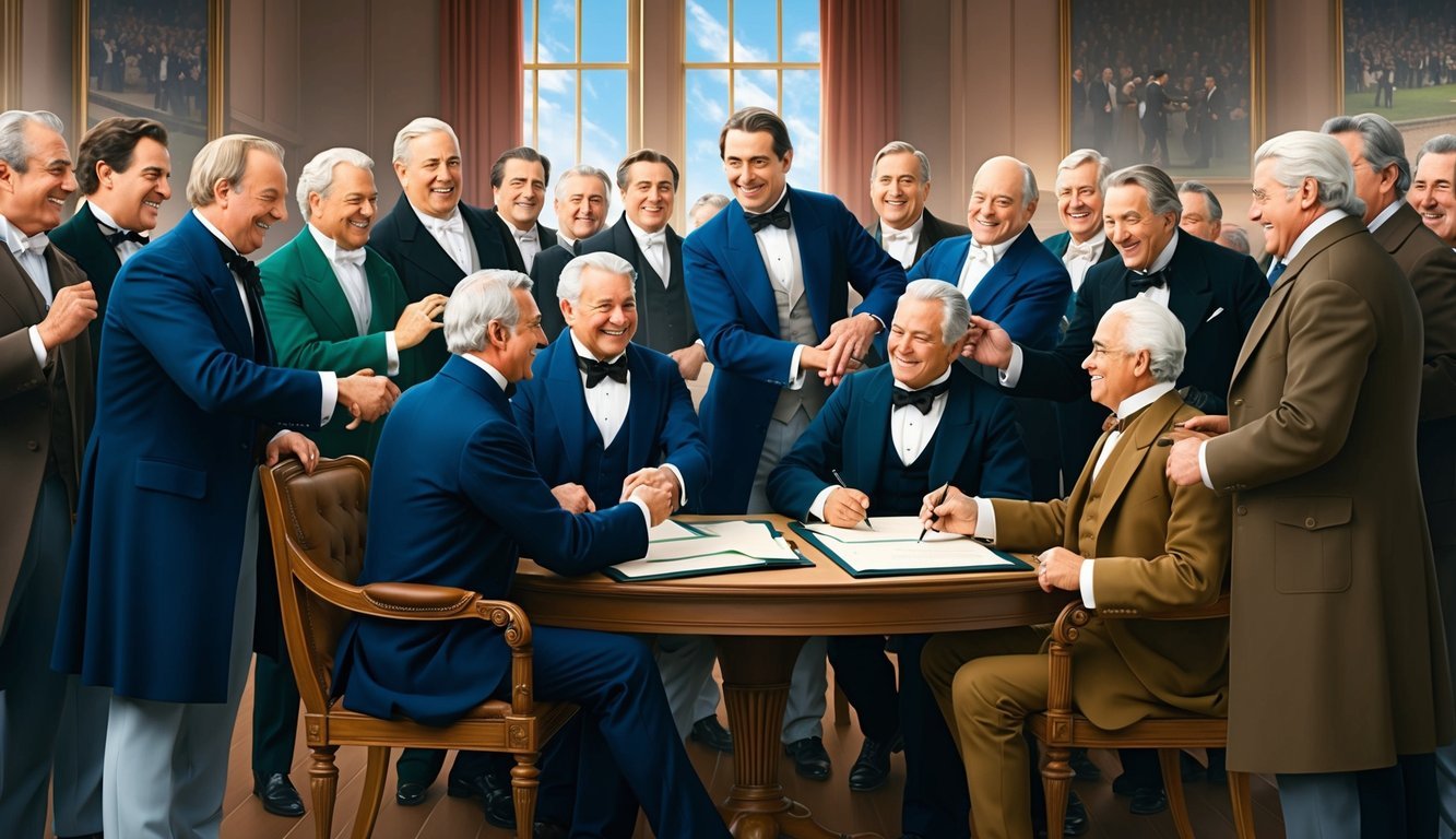 A group of men in formal attire gather around a table, signing official documents and shaking hands in celebration.</p><p>The room is filled with excitement and anticipation for the establishment of the National League