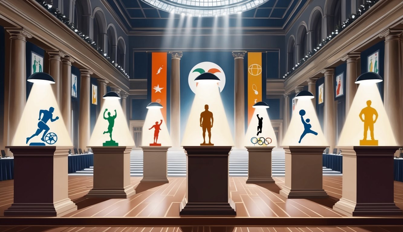 A grand hall with spotlights on pedestals, showcasing iconic figures and symbols of various sports and achievements