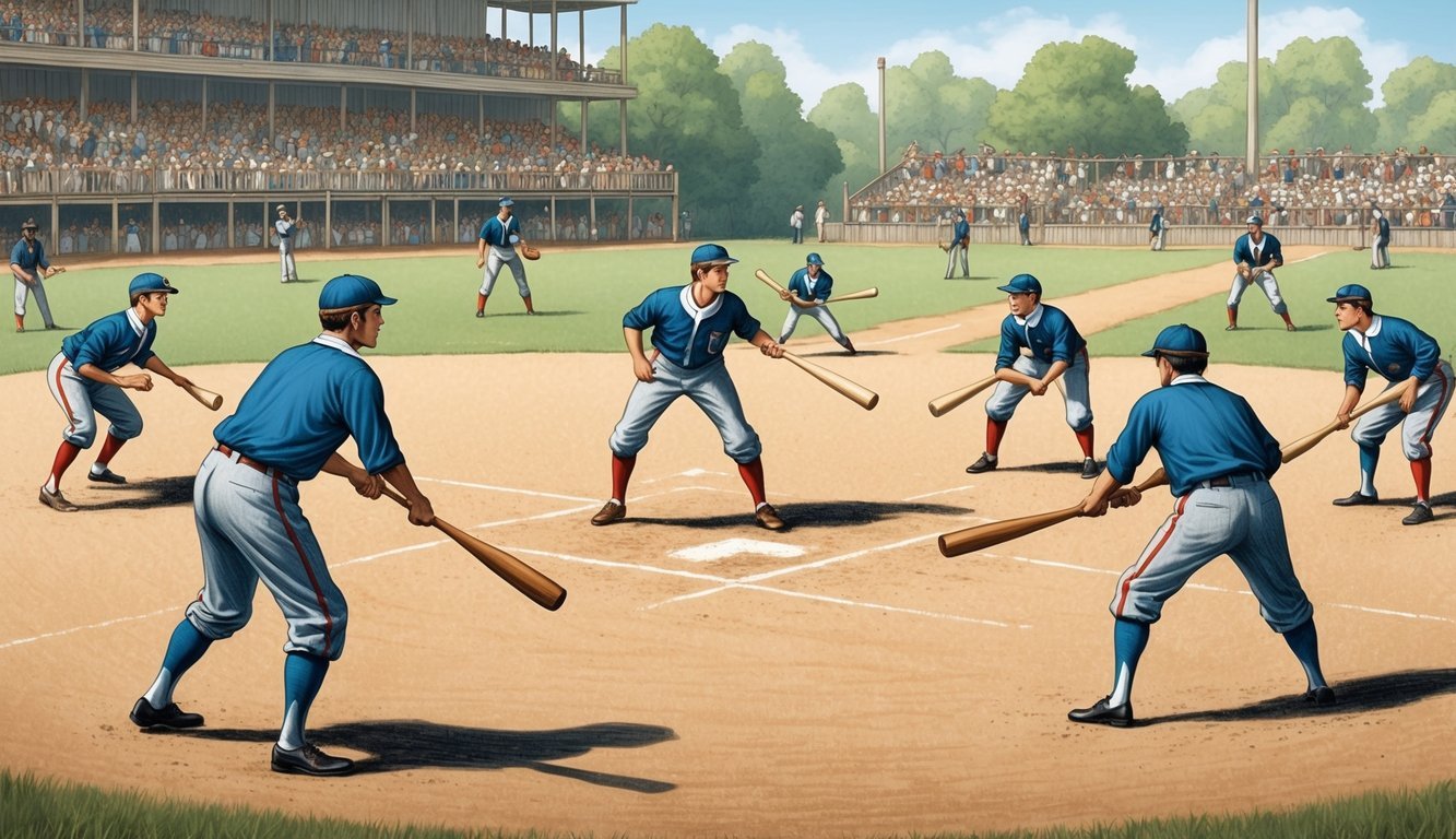 Players in old-fashioned uniforms on a dusty field, using wooden bats and no gloves.</p><p>Crowd in the stands watches the slow-paced game