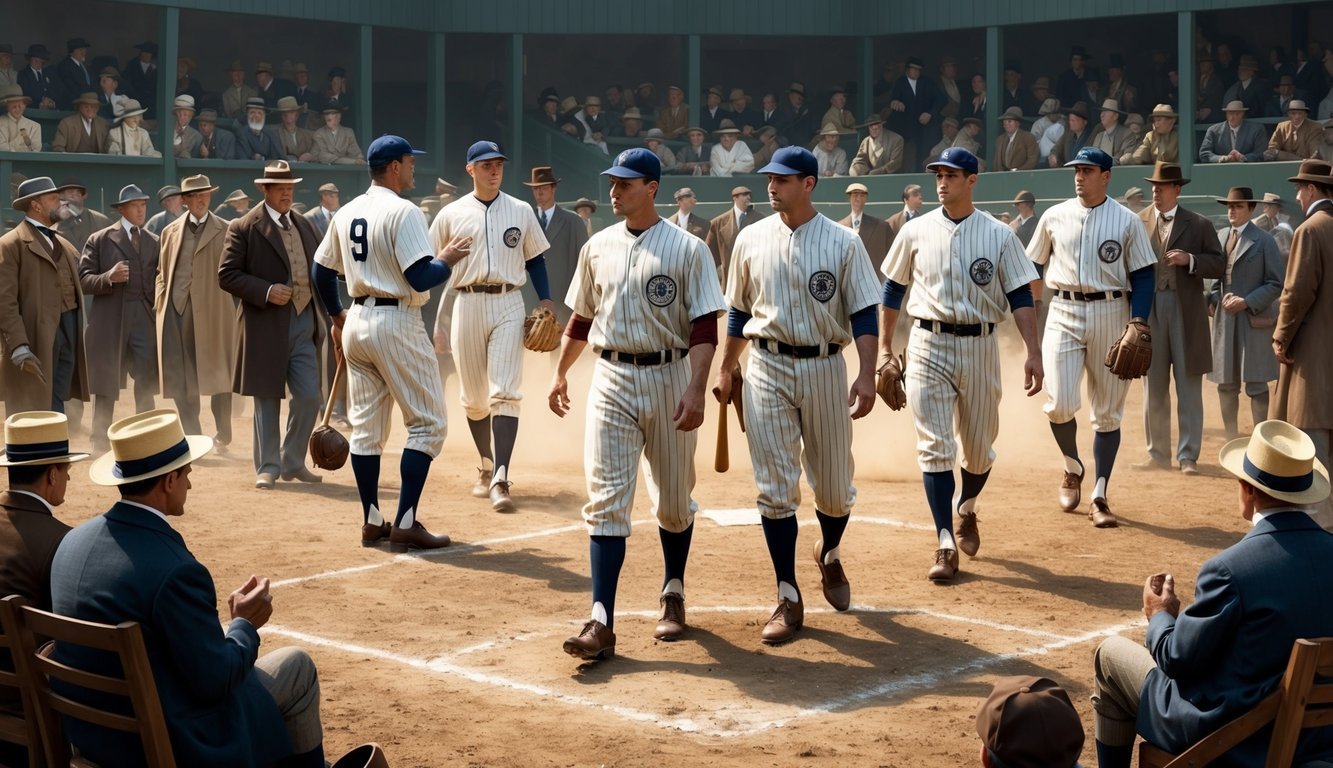 Baseball players in vintage uniforms on a dusty field with old-fashioned equipment, surrounded by spectators in period clothing