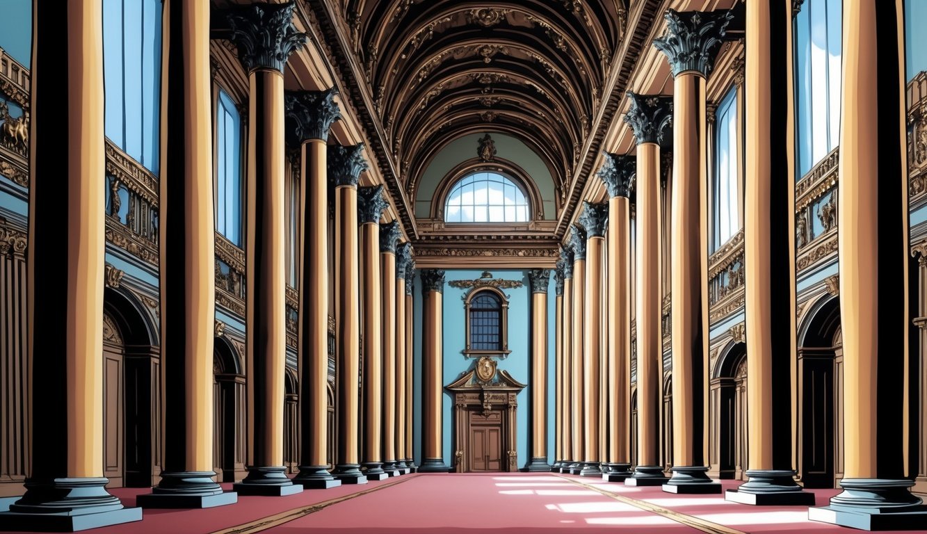 A grand hall with towering columns and ornate decorations, evoking a sense of history and prestige