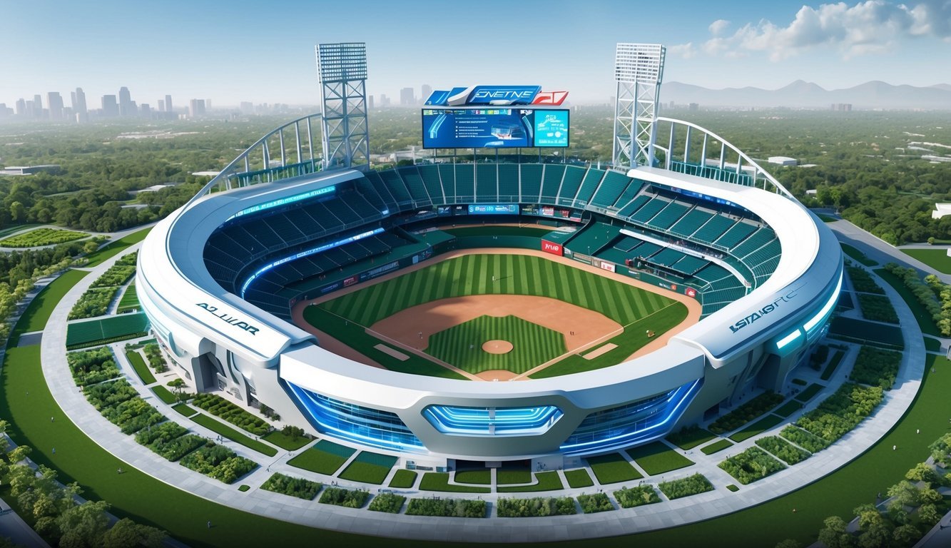 A futuristic baseball stadium with advanced technology and sleek, modern architecture, surrounded by green, sustainable landscaping