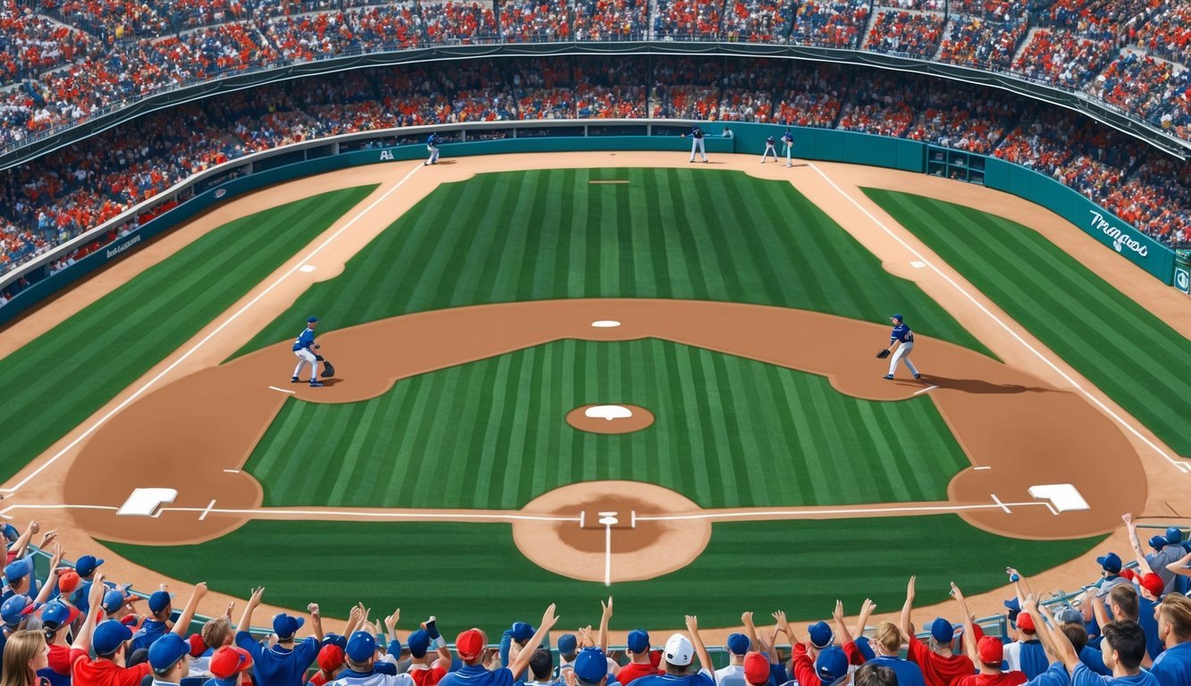 A baseball diamond with two teams facing off, surrounded by a crowd of cheering fans