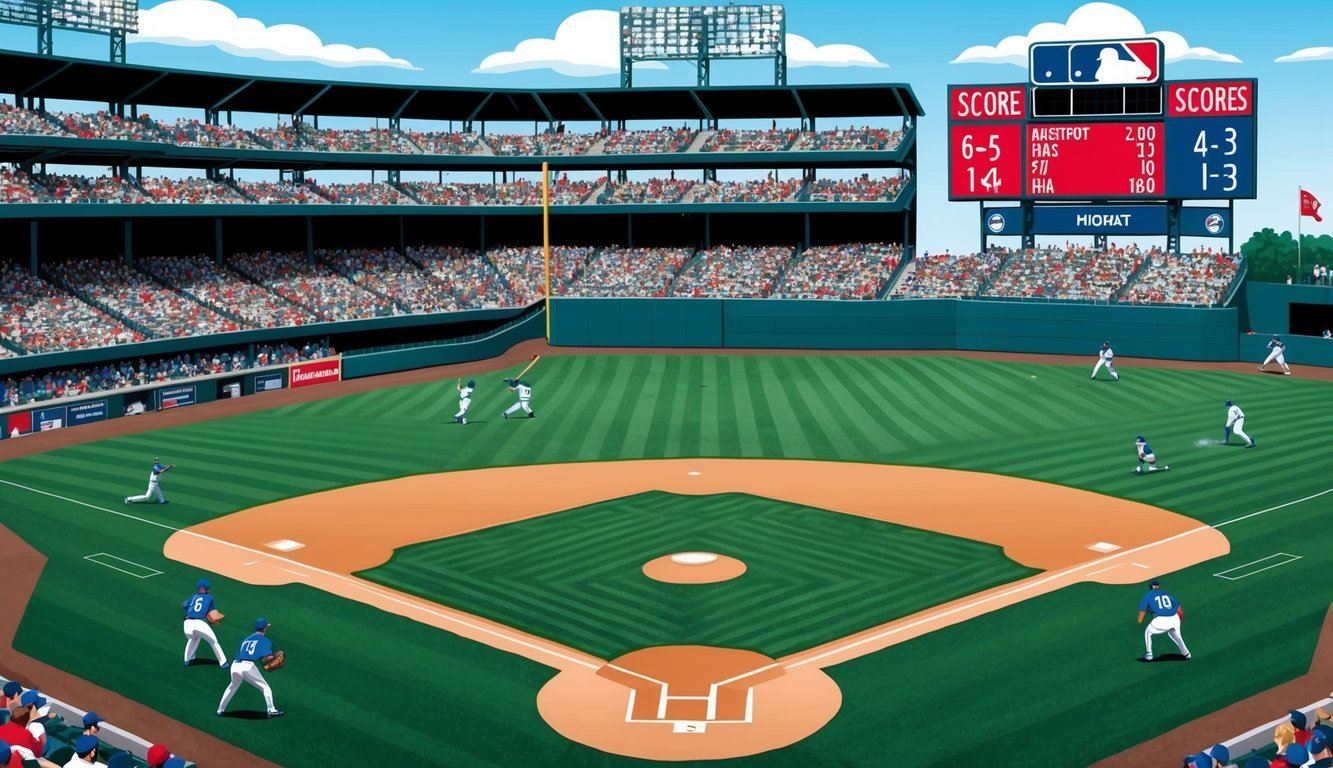 A baseball game with players on the field, a crowd of fans in the stands, and a scoreboard showing the score