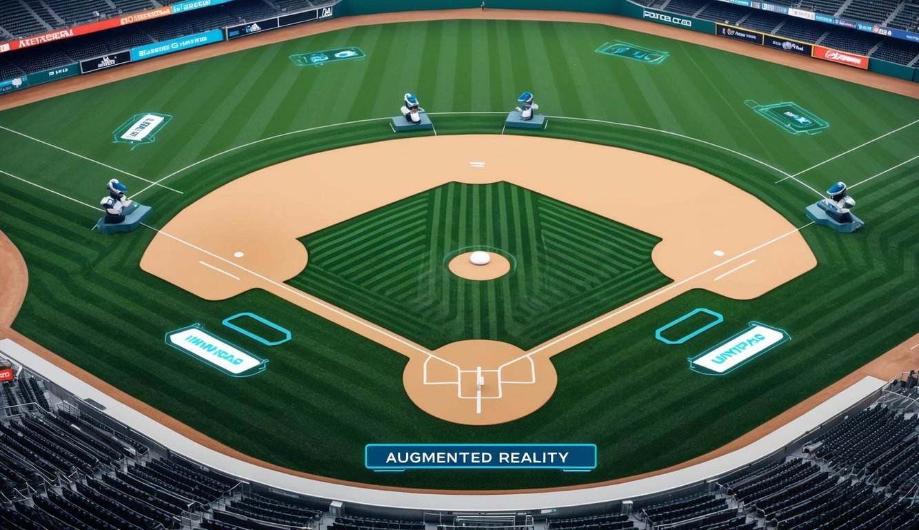 A baseball field with futuristic elements, such as robotic umpires and augmented reality overlays on the field