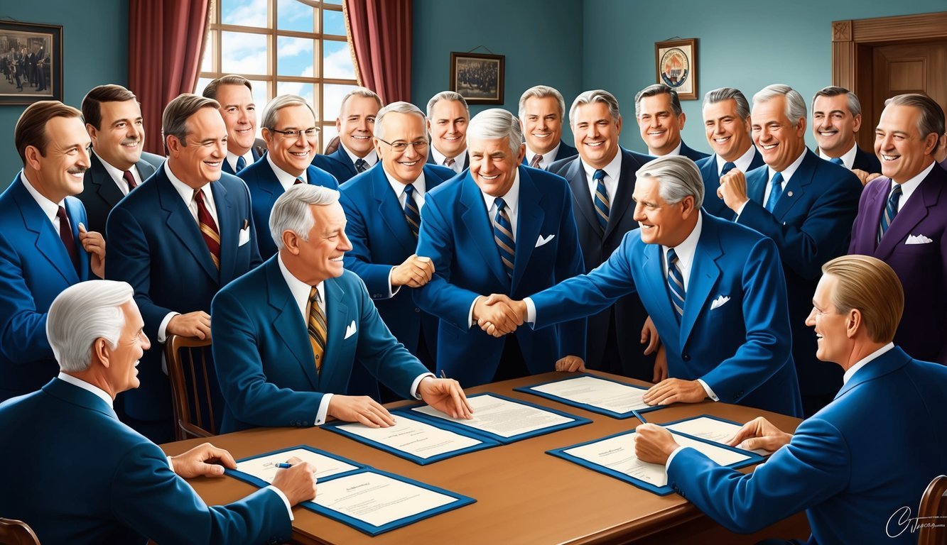 A group of men in suits gather around a table, signing documents and shaking hands to establish the American League.</p><p>The room is filled with excitement and anticipation for the historic moment