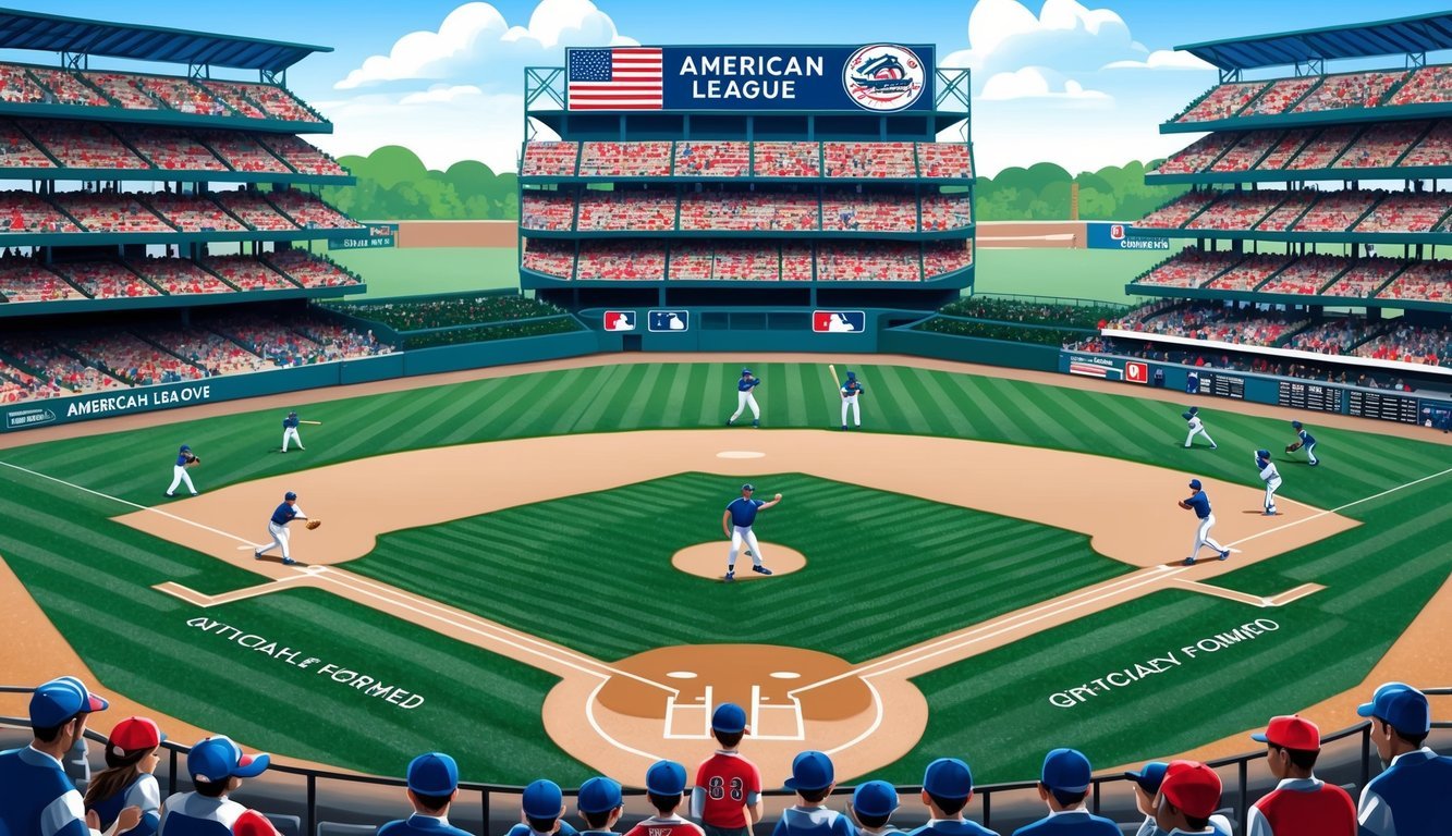 A baseball field, with players in uniforms, and fans in the stands, as the American League is officially formed