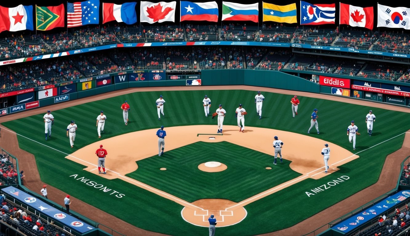 A baseball field with players from various countries in MLB uniforms, surrounded by flags from around the world