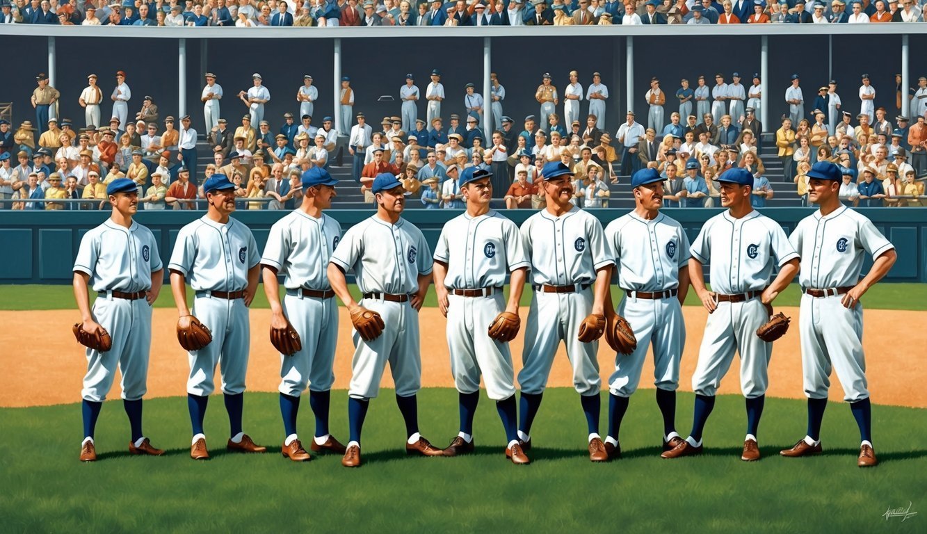Vintage baseball team in uniform standing on a field, crowd in background