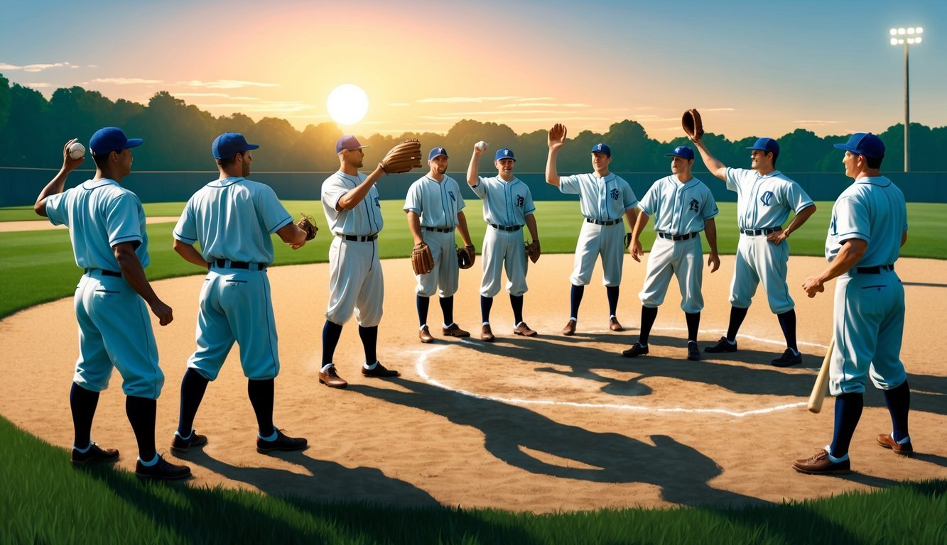 A group of men in old-fashioned baseball uniforms gather on a dusty field, practicing their throws and swings.</p><p>The sun is setting behind them, casting long shadows across the grass