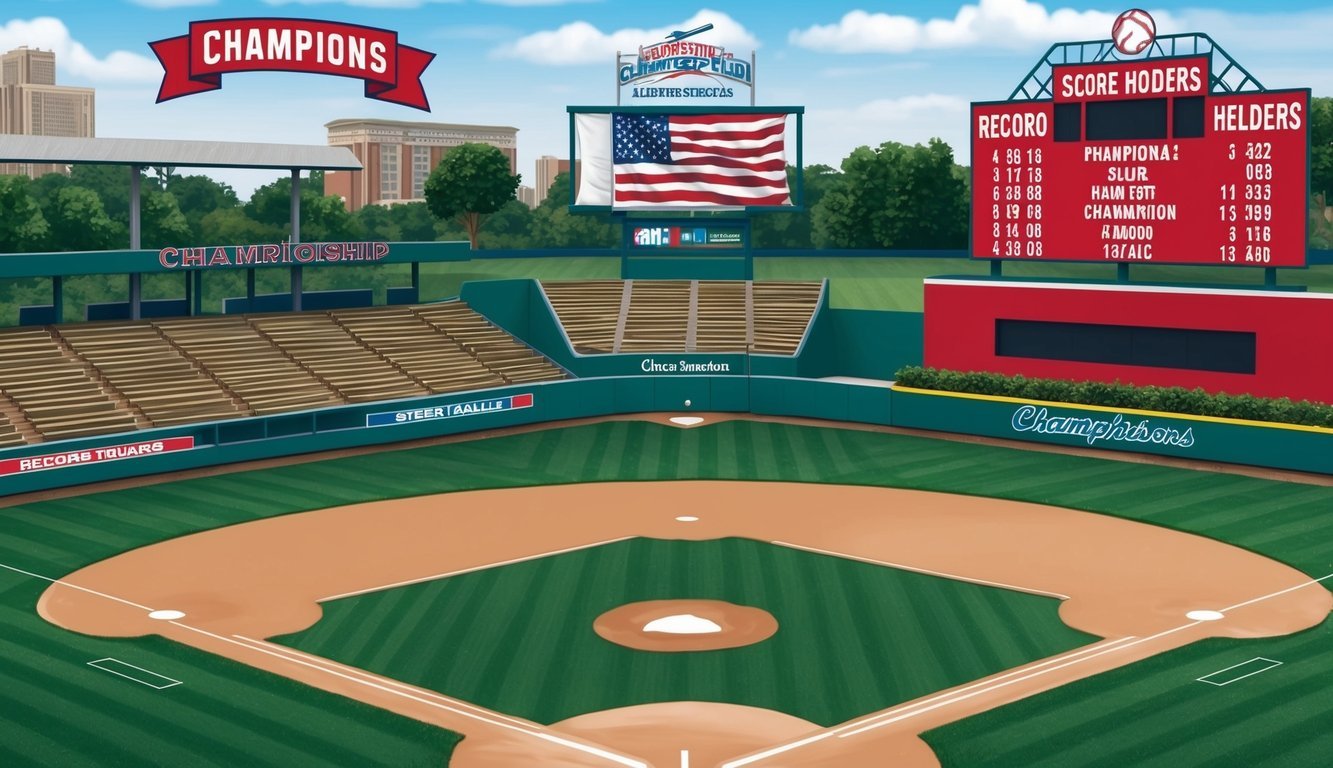 A baseball field with a championship banner and a scoreboard displaying record holders