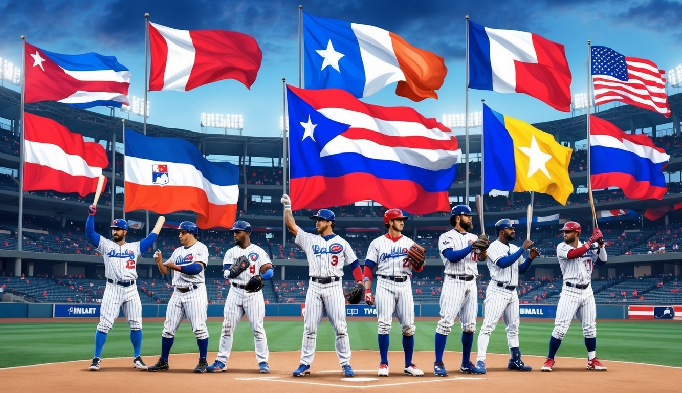 International flags waving in a stadium, as baseball players from around the world are honored for their achievements in MLB