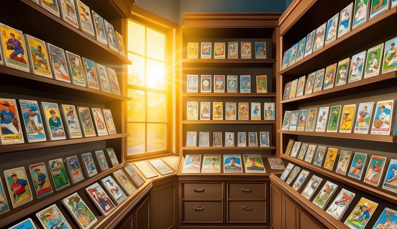 A vintage baseball card shop with shelves filled with colorful, historic cards.</p><p>The warm glow of the sun shines through the window, casting a golden hue over the collection