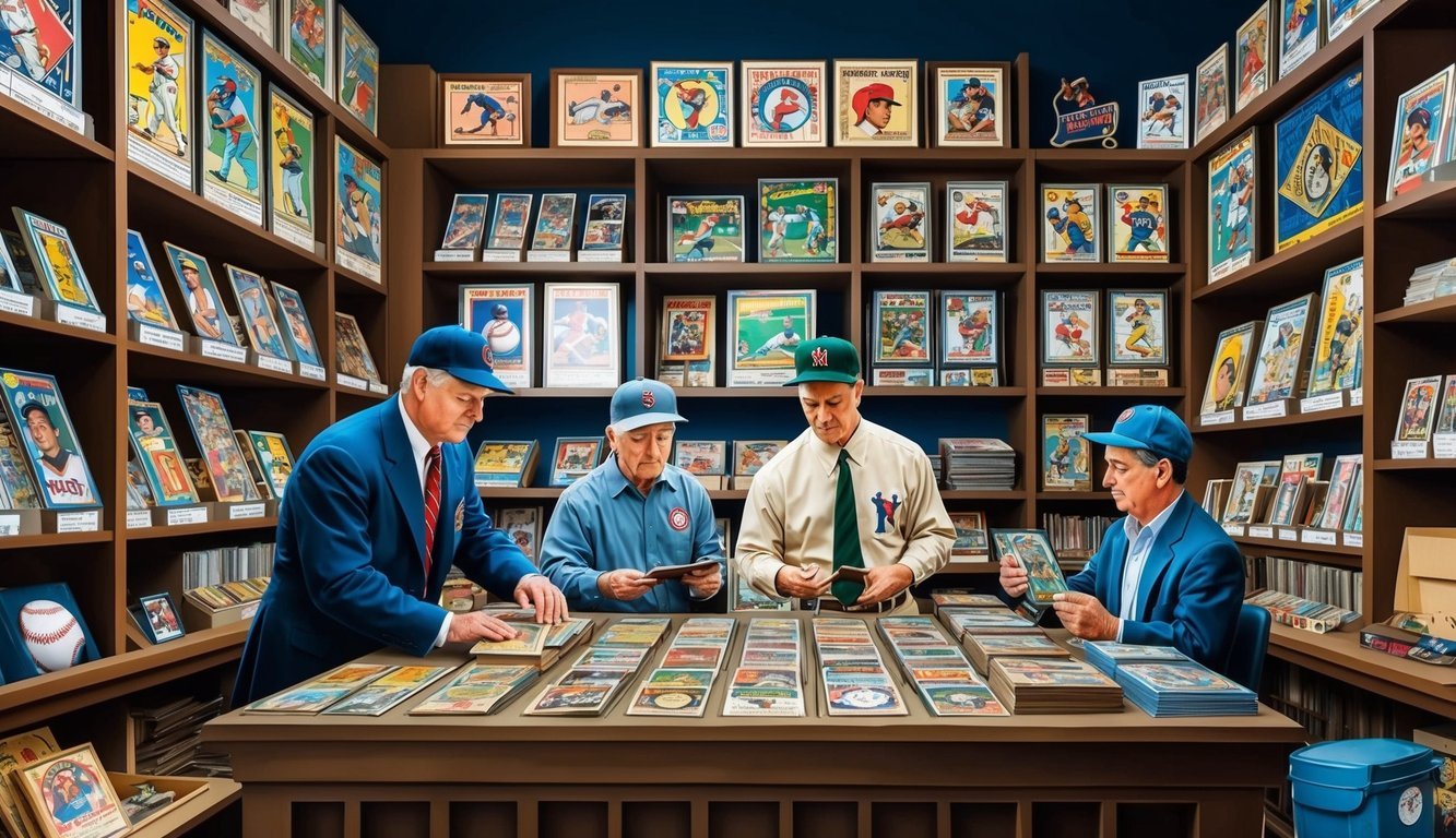 A vintage baseball card shop filled with shelves of rare cards and memorabilia, with collectors examining and trading items