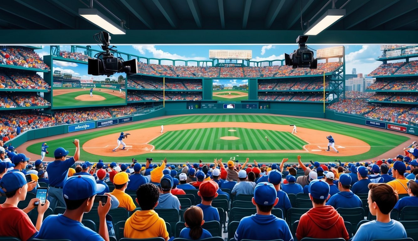 A crowded baseball stadium with fans cheering and watching the game on large screens, while TV broadcast cameras capture the action on the field