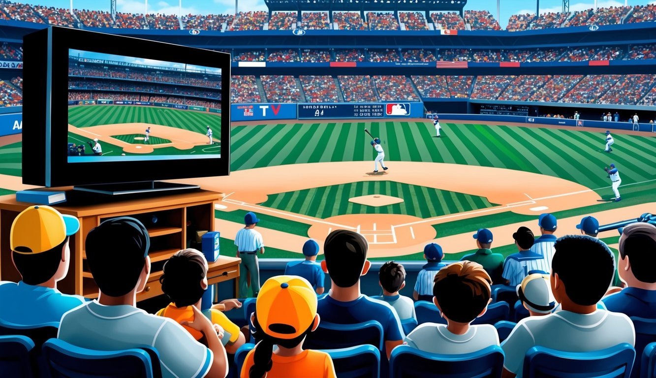 A baseball game is being broadcast on TV, with a packed stadium in the background and players on the field.</p><p>The game is being watched by people of all ages, highlighting the influence of TV broadcasts on promoting baseball as America's pastime