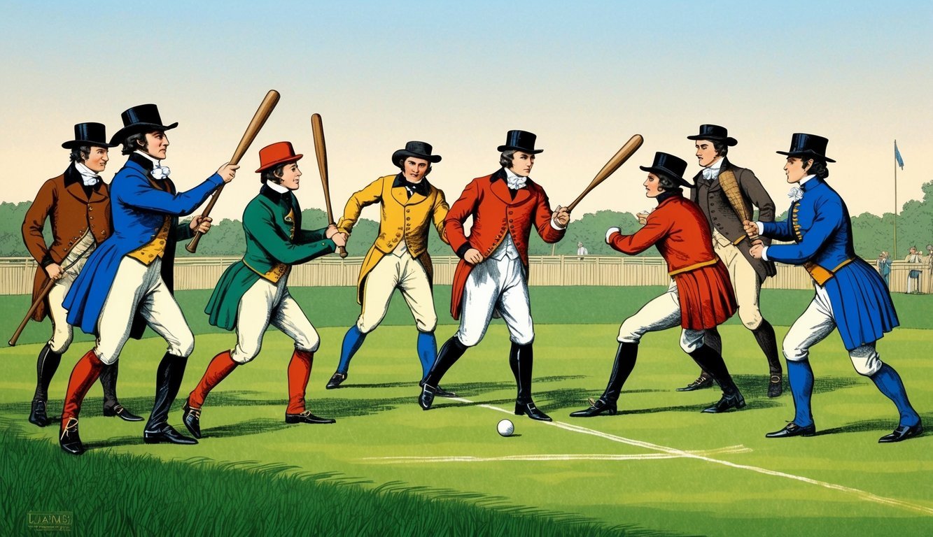 A group of men in 19th century attire playing a game with a bat and ball on a grass field