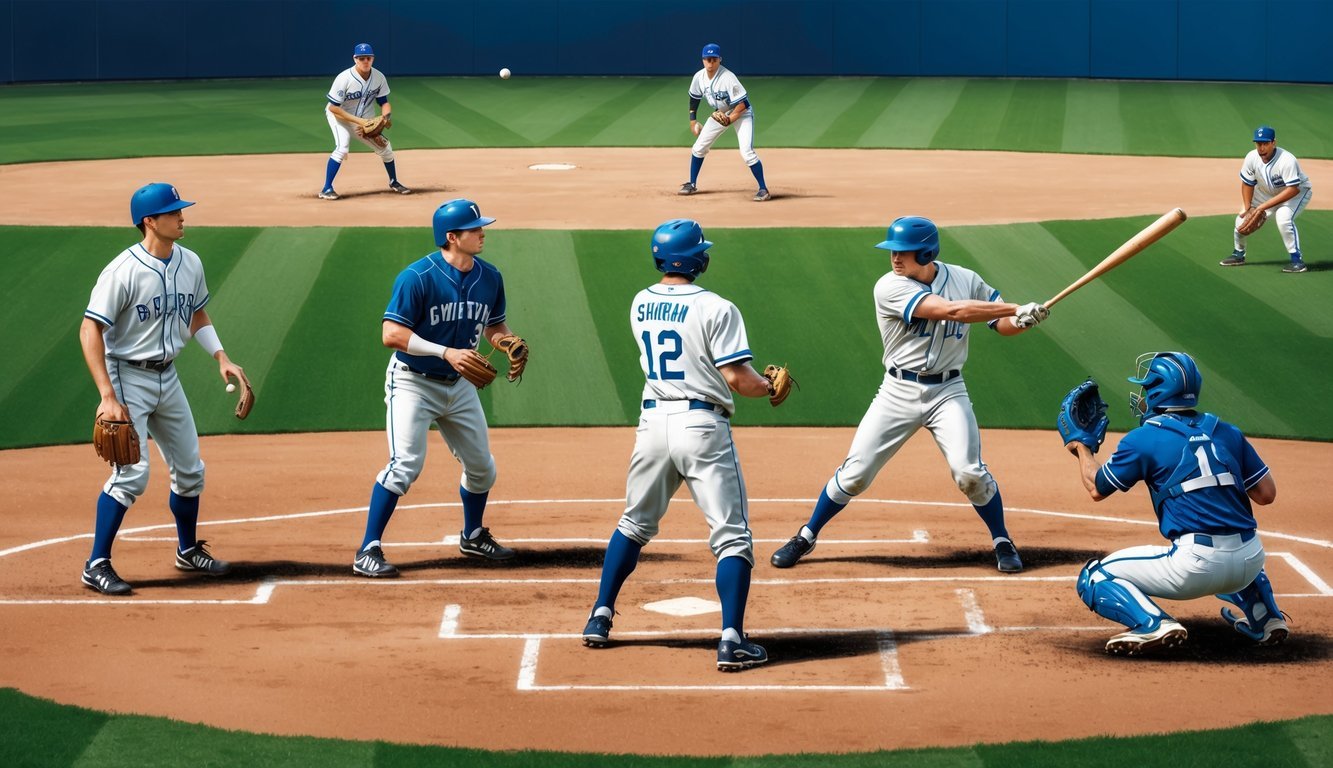 A group of players in a field, wearing baseball uniforms, with a pitcher throwing a ball and a batter ready to swing