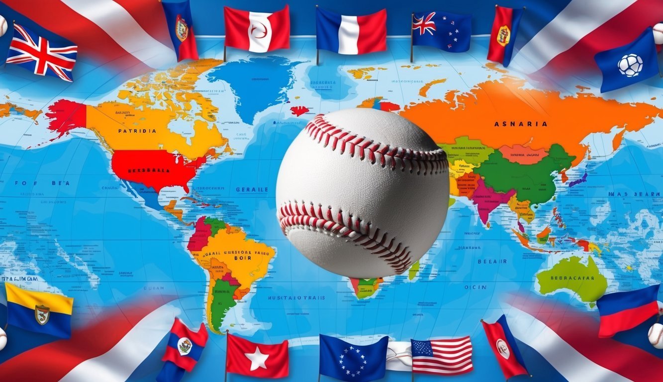 Baseball over a world map with flags of different countries