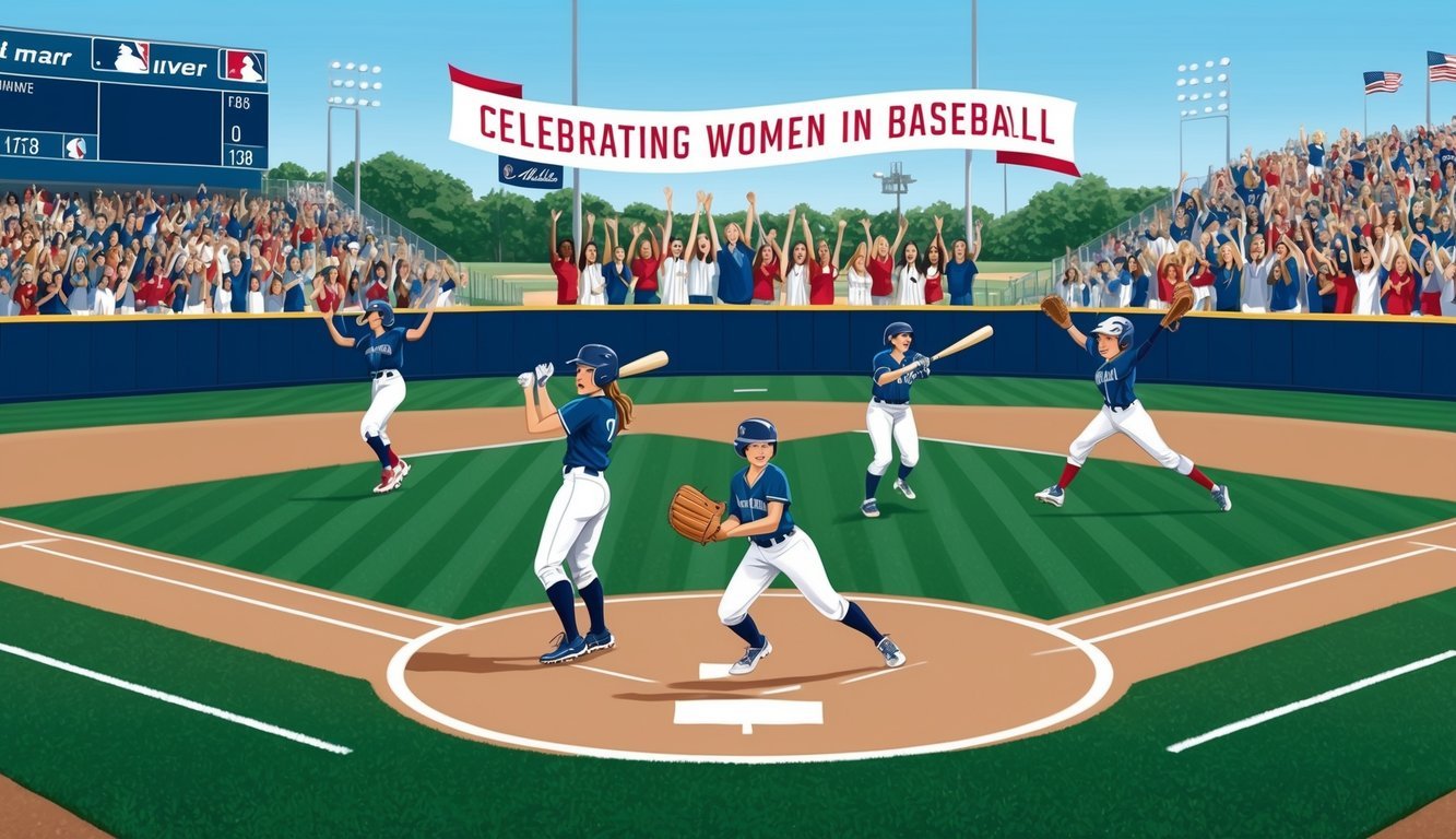 A baseball field with female players in action, a cheering crowd, and a banner celebrating women in baseball