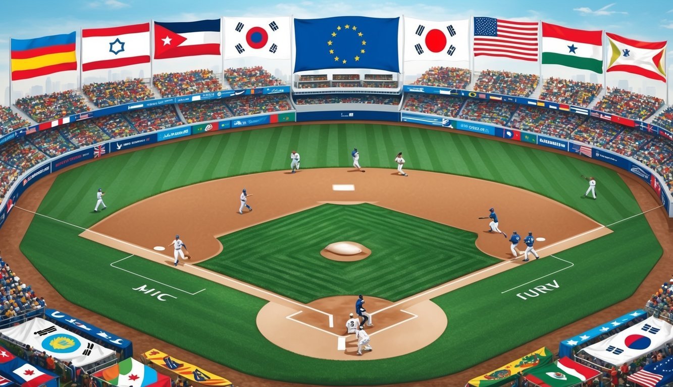 A baseball field surrounded by diverse cultural symbols and flags, with players from different countries coming together to play the game